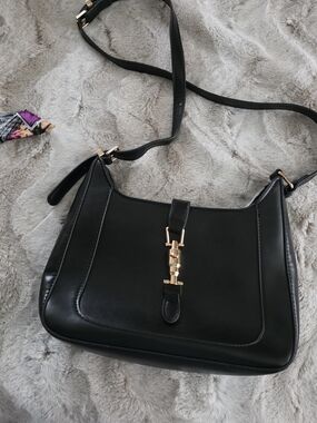 Women's Black Leather Look Shoulder Bag with Gold Accent